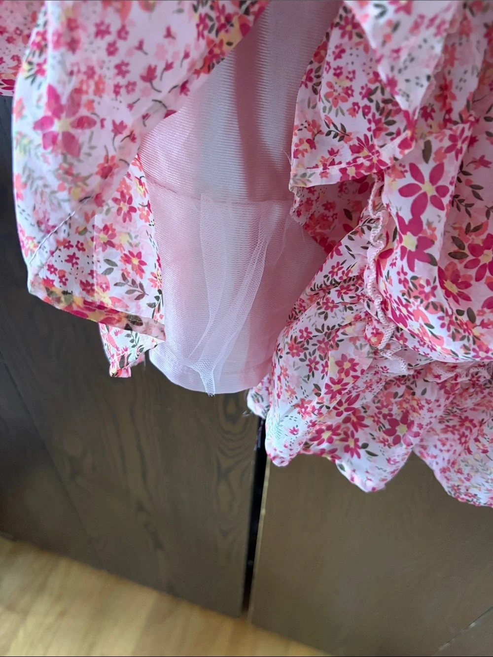 Knitworks Girl’s Pink Eyelet Ruffle Floral Tiered Dres. Size 16.5 plus.